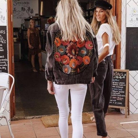 New Boho Embroidered Floral Denim Jean Jacket Oversized Coat Black - Picture 1 of 11
